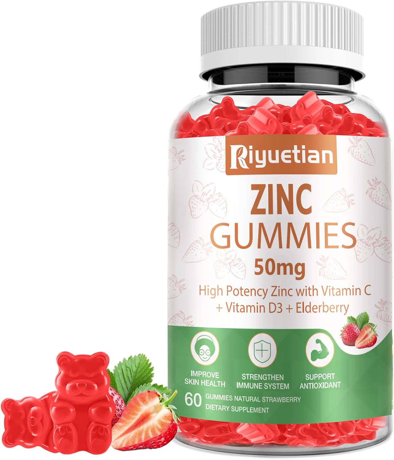 High Potency Zinc Gummies with Vitamin C, D3, and Elderberry - Immune Support - Vegan, Non-GMO - 60 Count