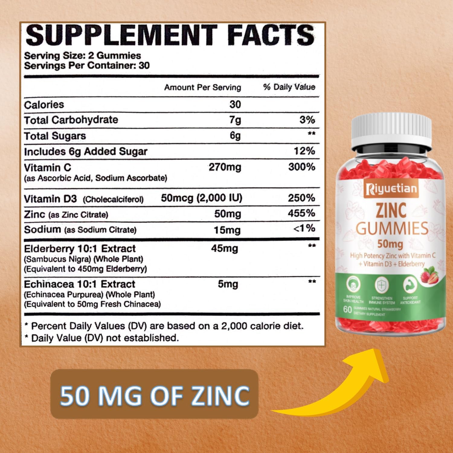 High Potency Zinc Gummies with Vitamin C, D3, and Elderberry - Immune Support - Vegan, Non-GMO - 60 Count