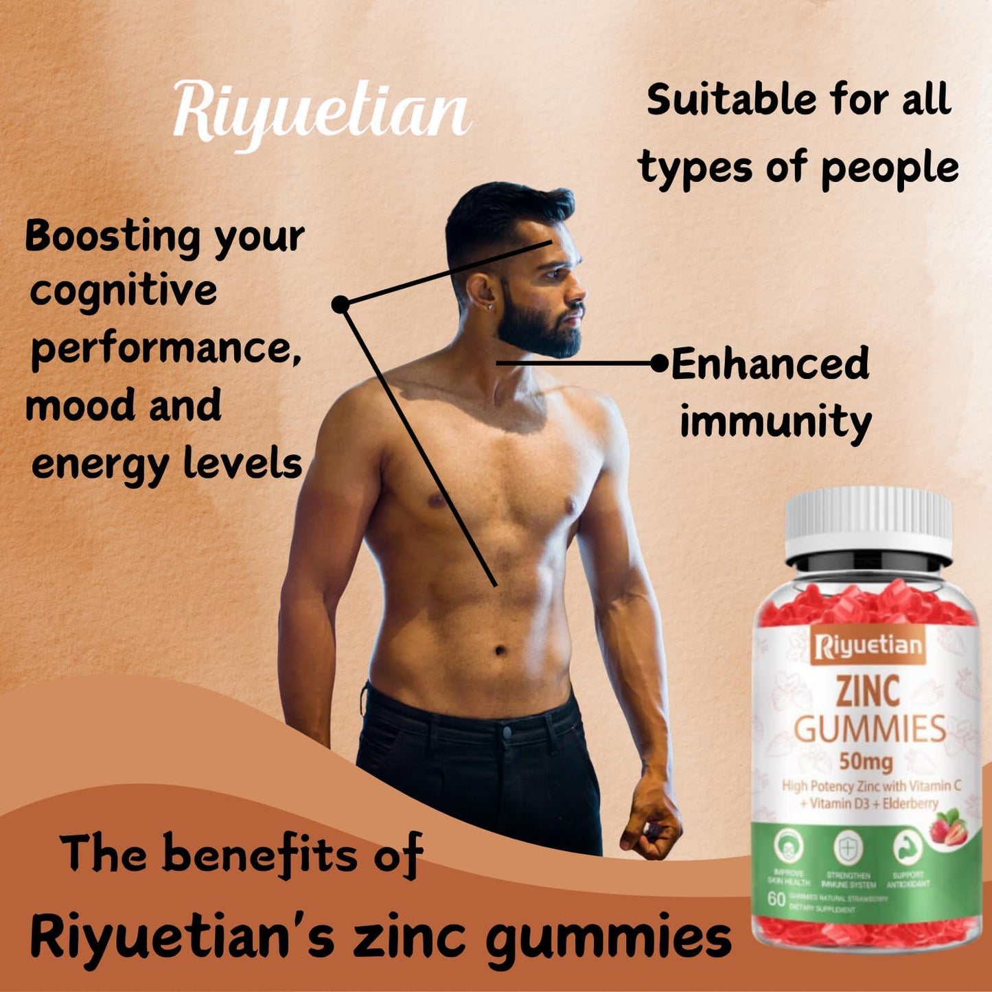 High Potency Zinc Gummies with Vitamin C, D3, and Elderberry - Immune Support - Vegan, Non-GMO - 60 Count