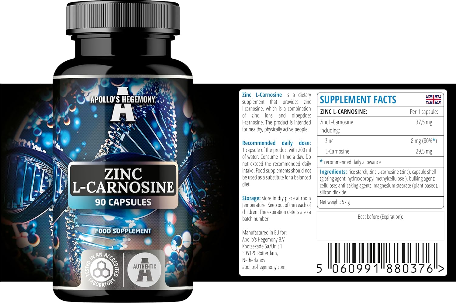 High Potency Zinc L-Carnosine Capsules - 90 Vegan Capsules, 3 Month Supply - Zinc Supplement with Beta-Alanine by Apollo's Hegemony