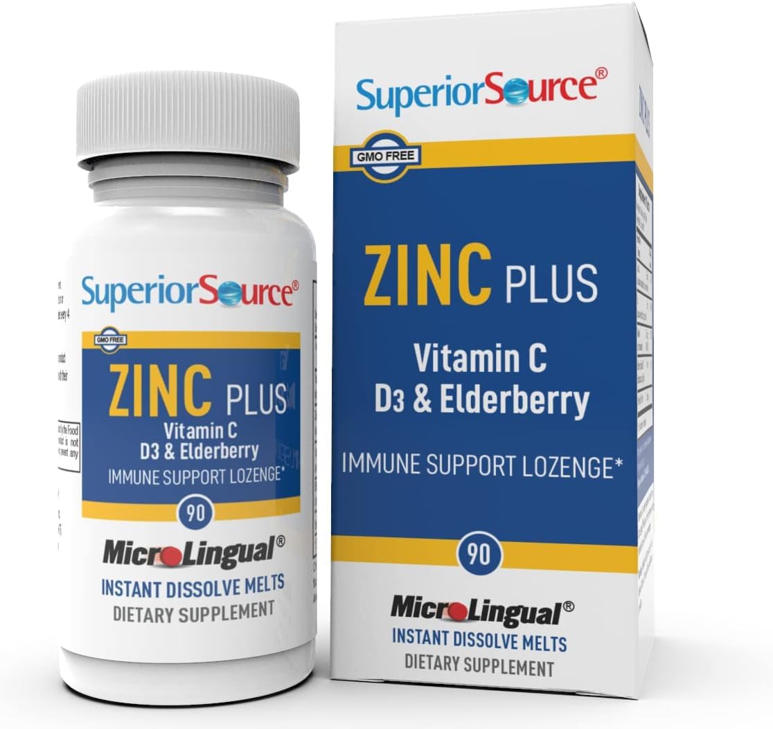 High Potency Zinc Plus Lozenges with Vitamin C, D3, Elderberry Extract - 90 Ct - Boost Immune System & Antioxidant Support - Non-GMO