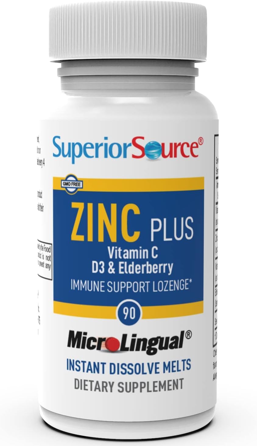 High Potency Zinc Plus Lozenges with Vitamin C, D3, Elderberry Extract - 90 Ct - Boost Immune System & Antioxidant Support - Non-GMO