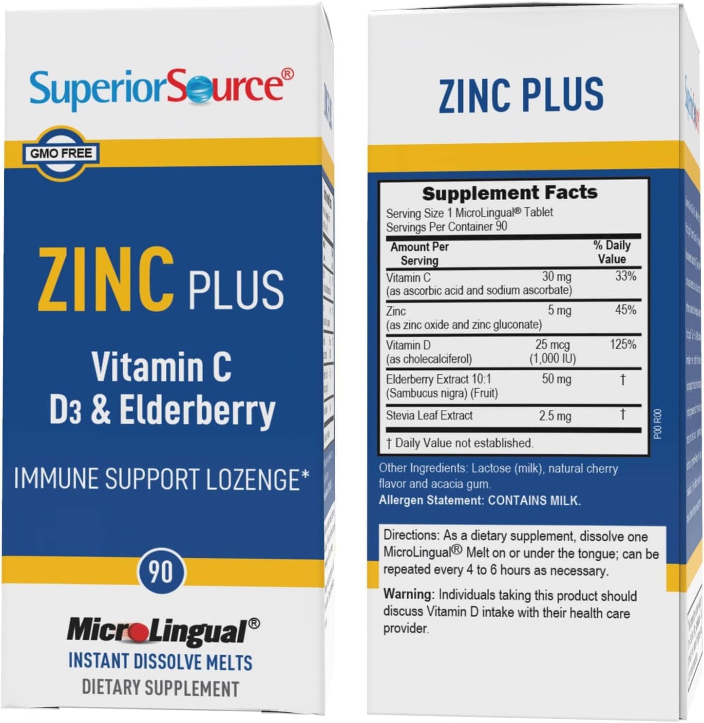 High Potency Zinc Plus Lozenges with Vitamin C, D3, Elderberry Extract - 90 Ct - Boost Immune System & Antioxidant Support - Non-GMO