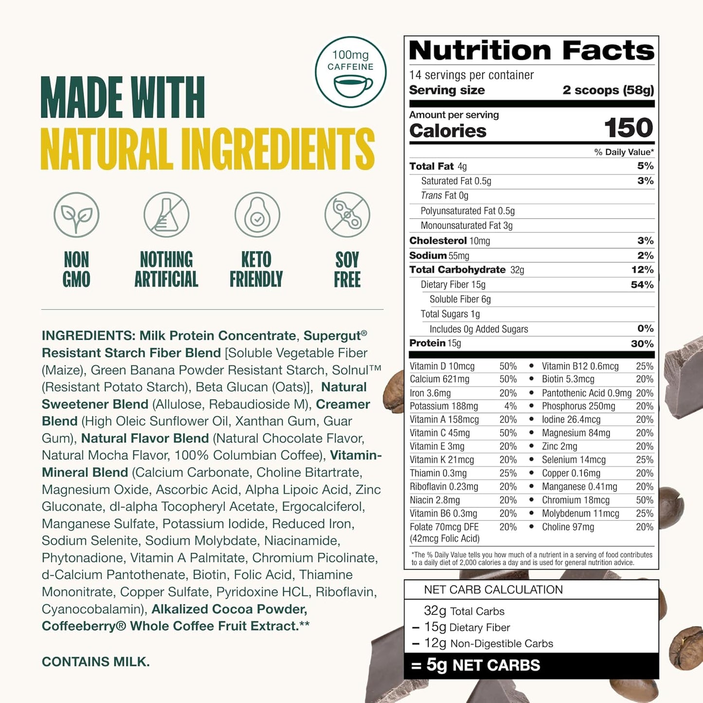 High Protein and Fiber Meal Replacement Shake with Prebiotics - Mocha Latte Flavor (14 Servings) | Keto-Friendly, No Added Sugar, Boost GLP-1