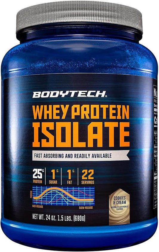 High Protein BodyTech Whey Isolate Powder - Cookies & Cream Flavor, 25g Protein & BCAA's for Muscle Growth, Post-Workout Recovery - 1.5lb