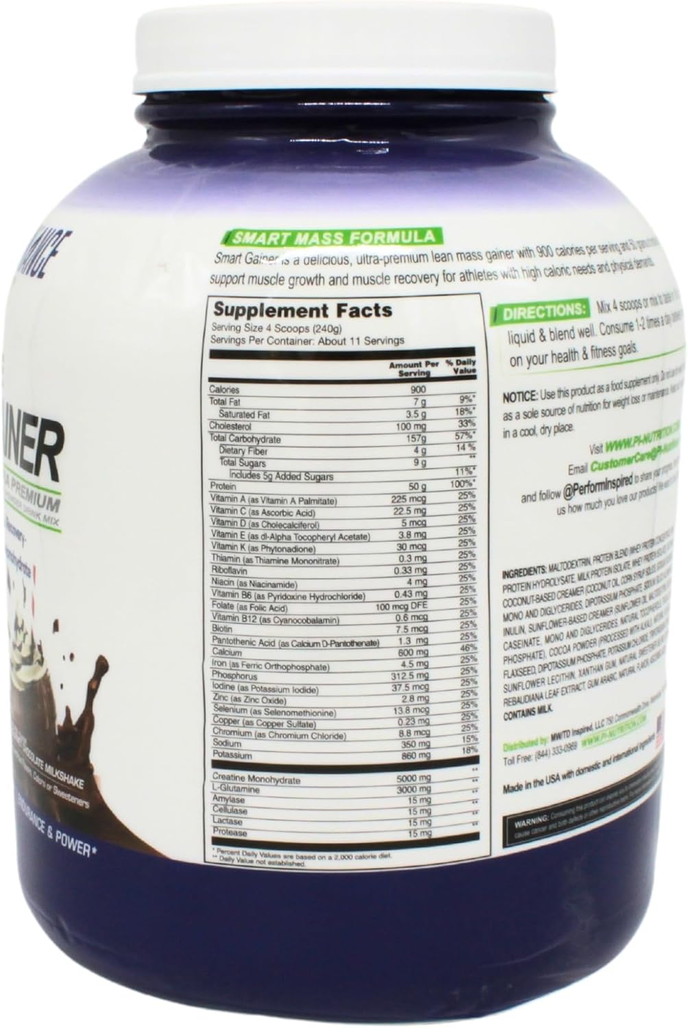 High-Protein Chocolate Milkshake Mass Gainer with Creatine & L-Glutamine for Muscle Growth and Recovery - 6 lb, 50g Protein, 900 Calories - Performance Inspired Nutrition