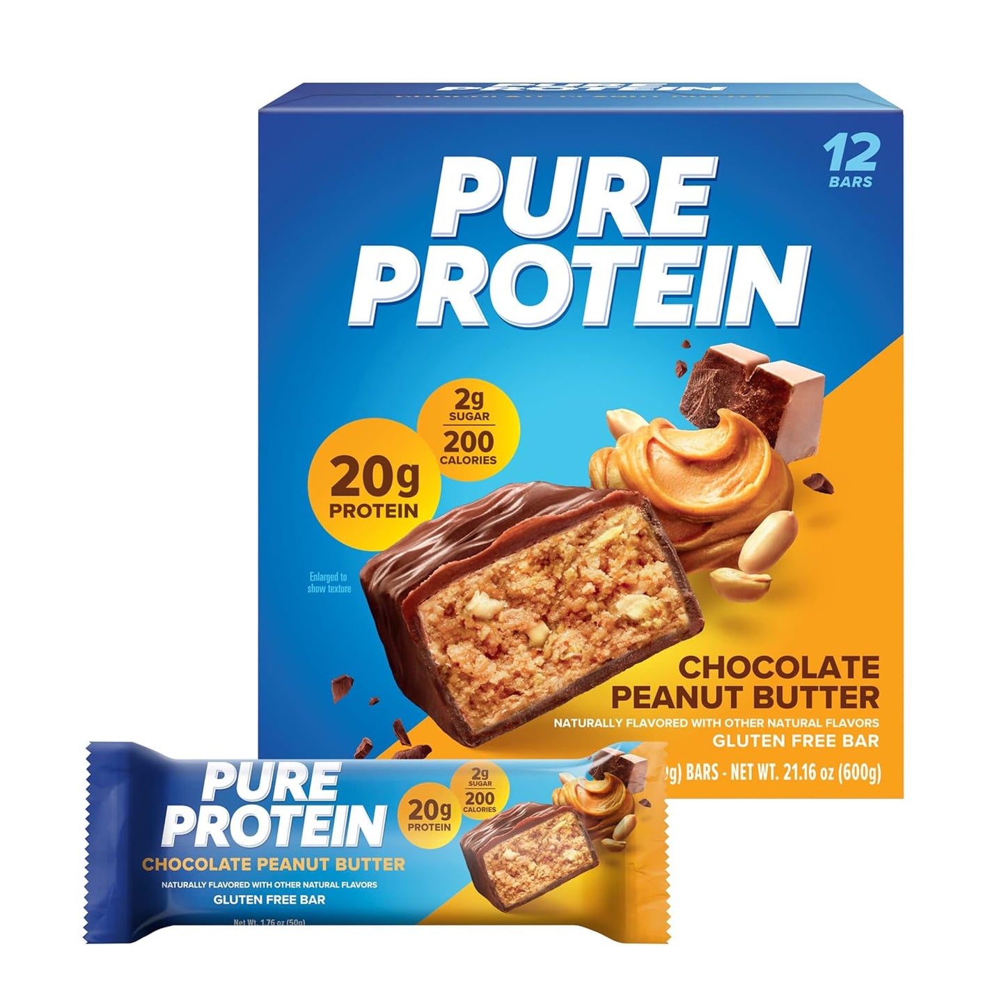 High Protein Chocolate Peanut Butter Pure Protein Bars, 1.76oz, 12 Count - Nutritious Snacks for Energy, Low Sugar, Gluten Free