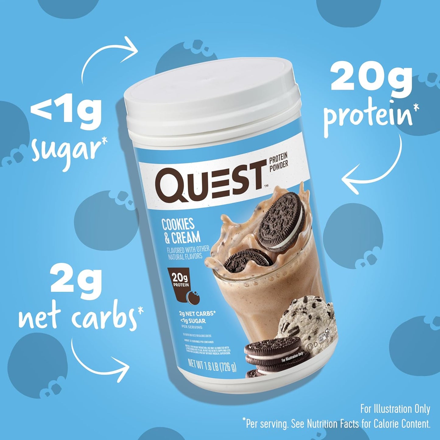 High-Protein Cookies & Cream Powder - 20g Protein, 1g Sugar, Low Carb, Gluten-Free - 1.6lb, 24 Servings