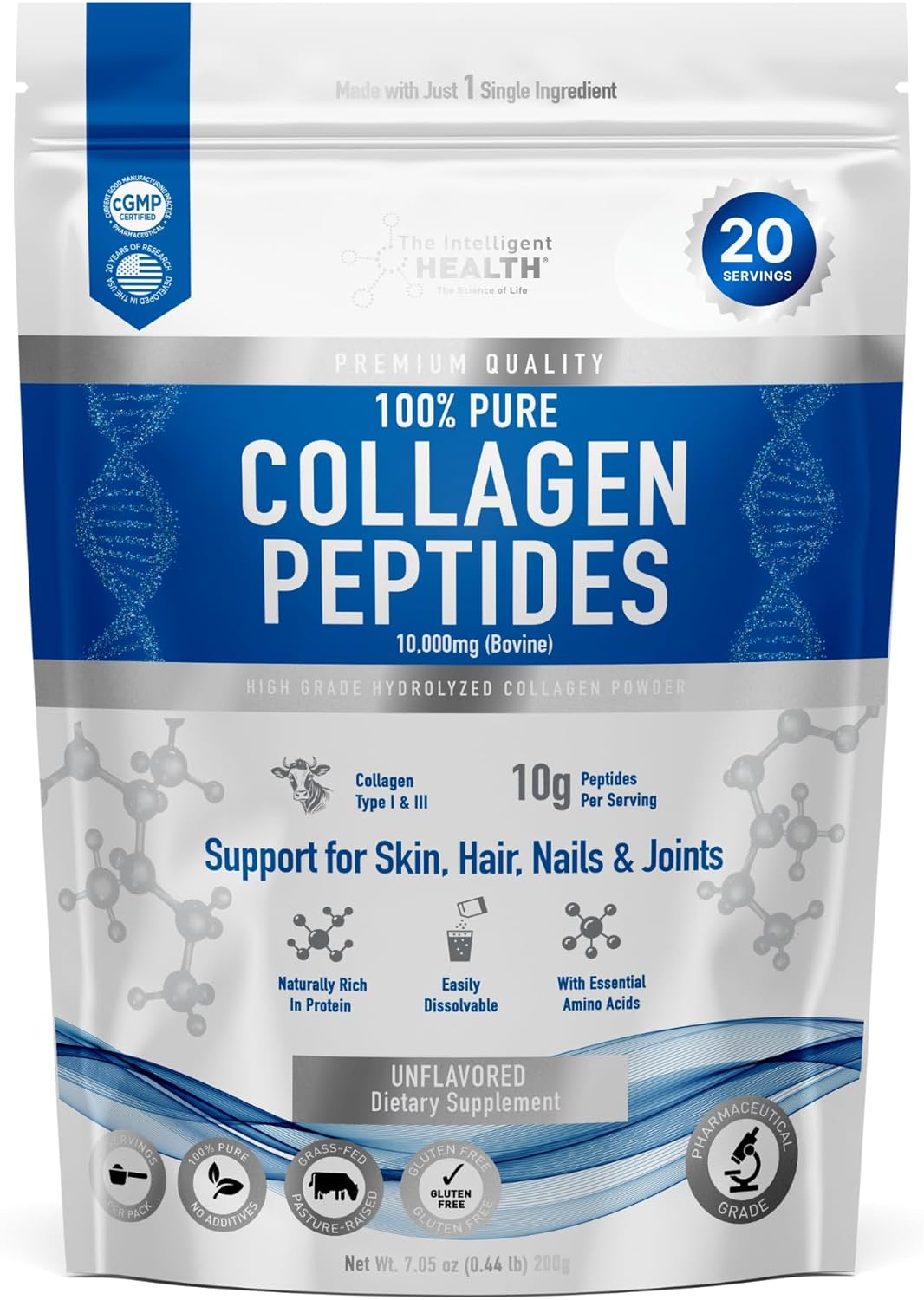 High Protein Grass Fed Collagen Peptides Powder - Unflavored, Gluten-Free, Paleo & Keto Friendly - Supports Skin, Hair, Nails, Joints, & Bones - 10g per Serving - 200g