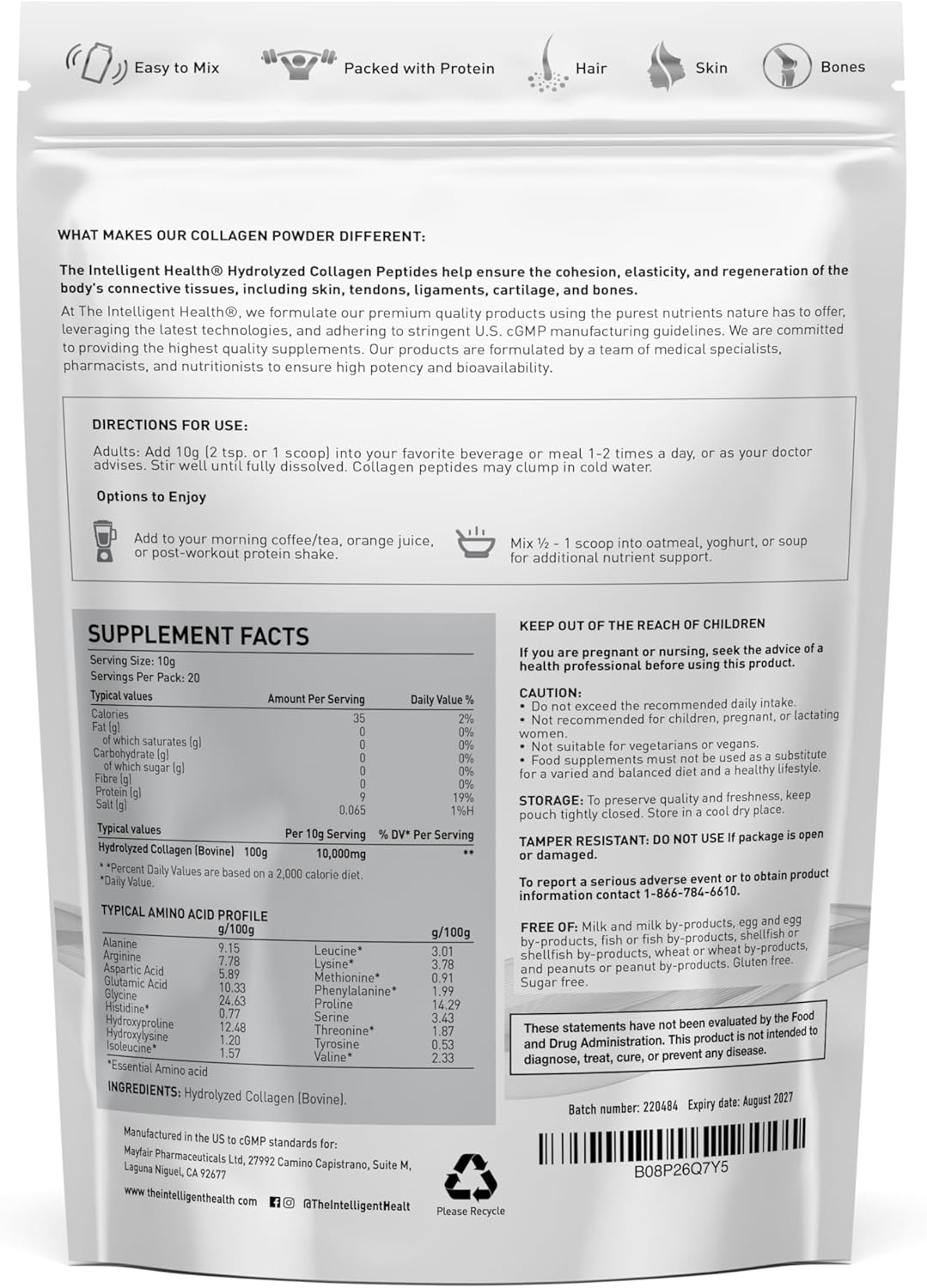 High Protein Grass Fed Collagen Peptides Powder - Unflavored, Gluten-Free, Paleo & Keto Friendly - Supports Skin, Hair, Nails, Joints, & Bones - 10g per Serving - 200g
