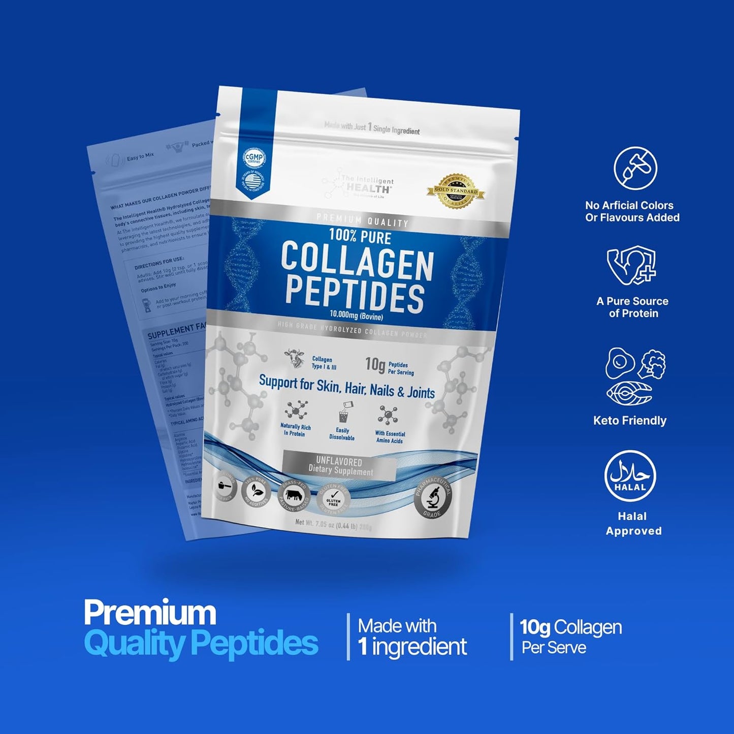 High Protein Grass Fed Collagen Peptides Powder - Unflavored, Gluten-Free, Paleo & Keto Friendly - Supports Skin, Hair, Nails, Joints, & Bones - 10g per Serving - 200g