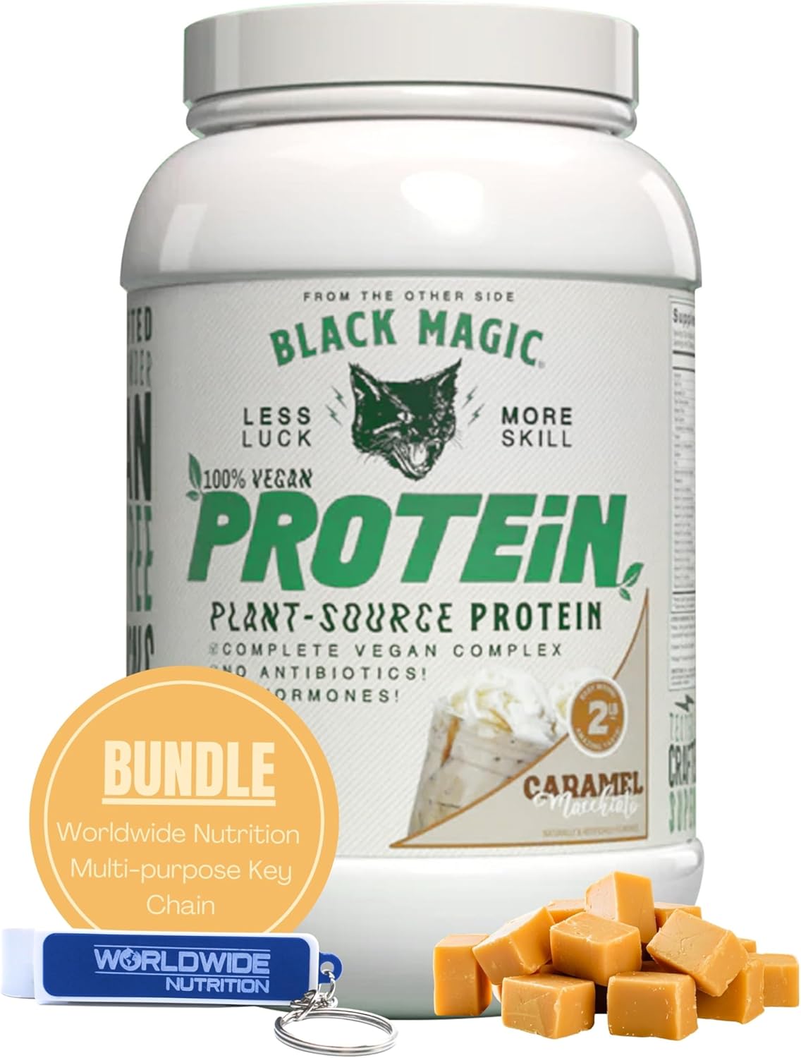 High Protein Vegan Caramel Macchiato Nutrition Bundle for Black Magic Protein Powder - 2 LB with Keychain | Low Carb, Low Sugar, Whey, Egg & Casein Blend | Worldwide Availability