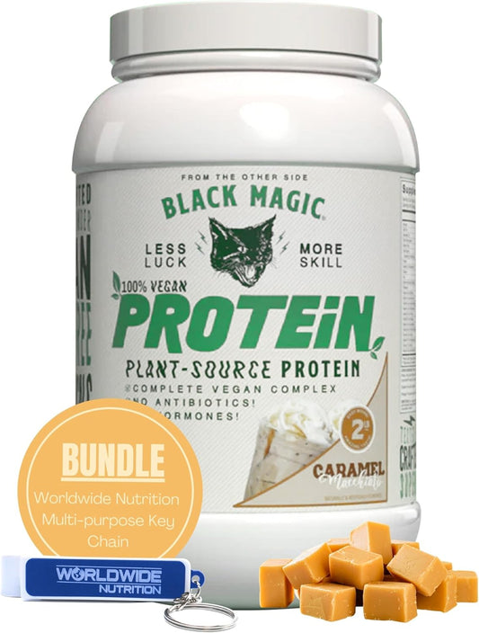 High Protein Vegan Caramel Macchiato Nutrition Bundle for Black Magic Protein Powder - 2 LB with Keychain | Low Carb, Low Sugar, Whey, Egg & Casein Blend | Worldwide Availability