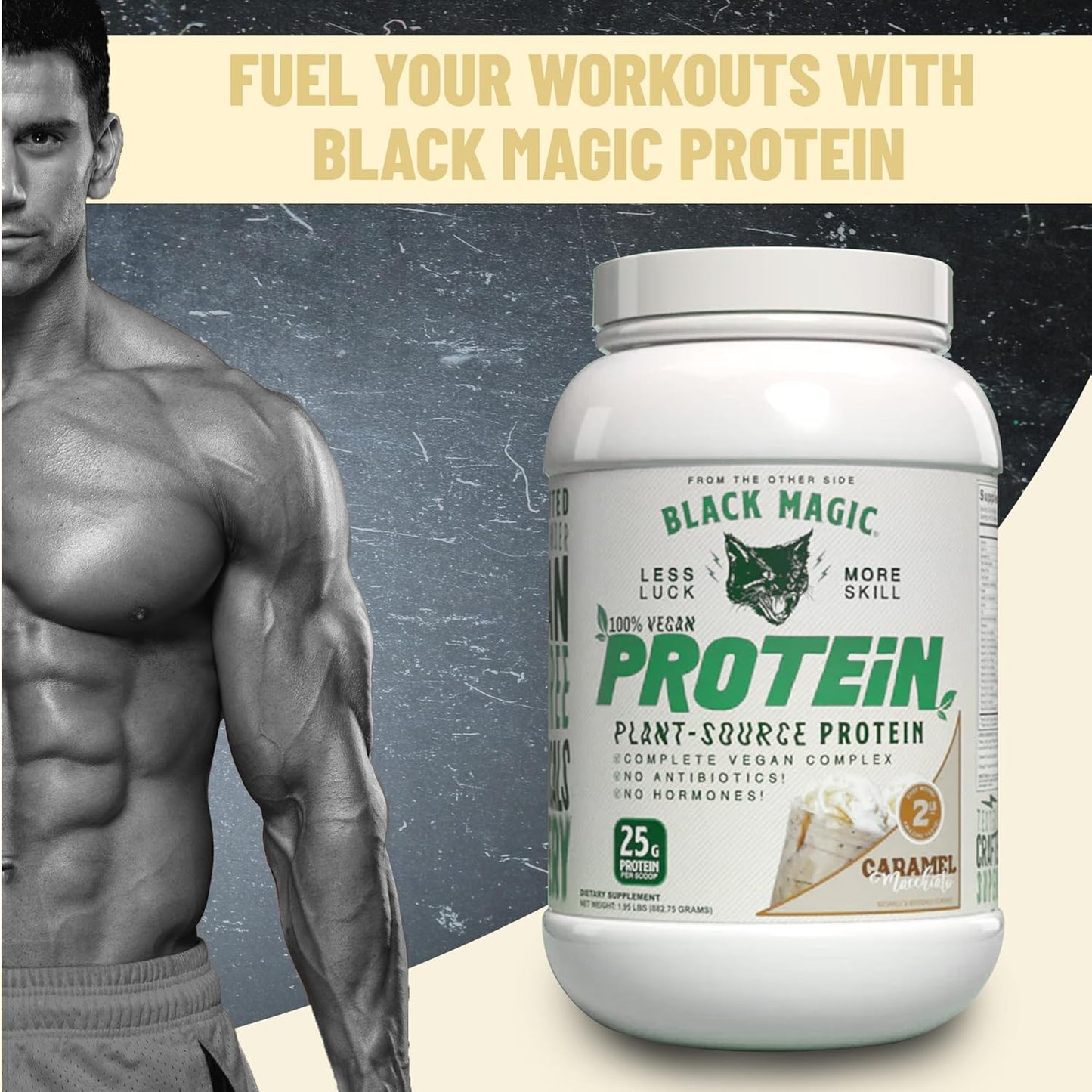 High Protein Vegan Caramel Macchiato Nutrition Bundle for Black Magic Protein Powder - 2 LB with Keychain | Low Carb, Low Sugar, Whey, Egg & Casein Blend | Worldwide Availability