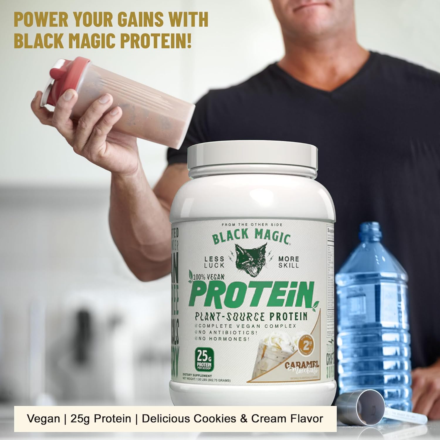 High Protein Vegan Caramel Macchiato Nutrition Bundle for Black Magic Protein Powder - 2 LB with Keychain | Low Carb, Low Sugar, Whey, Egg & Casein Blend | Worldwide Availability