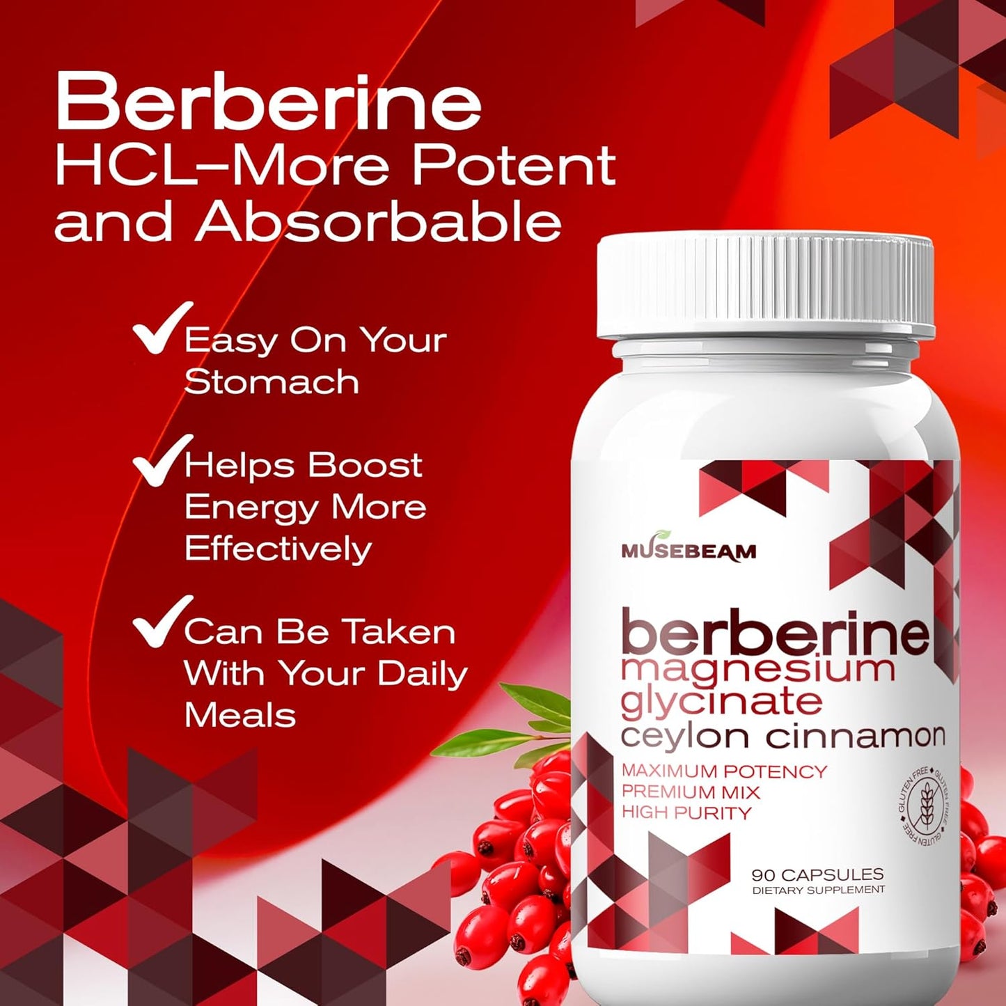 High Purity 1800mg Berberine HCL Magnesium Glycinate Capsules with Ceylon Cinnamon - Vegan Non-GMO Gluten-Free Supplement for Men and Women