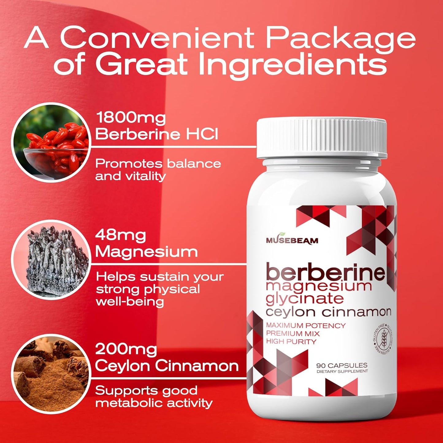 High Purity 1800mg Berberine HCL Magnesium Glycinate Capsules with Ceylon Cinnamon - Vegan Non-GMO Gluten-Free Supplement for Men and Women