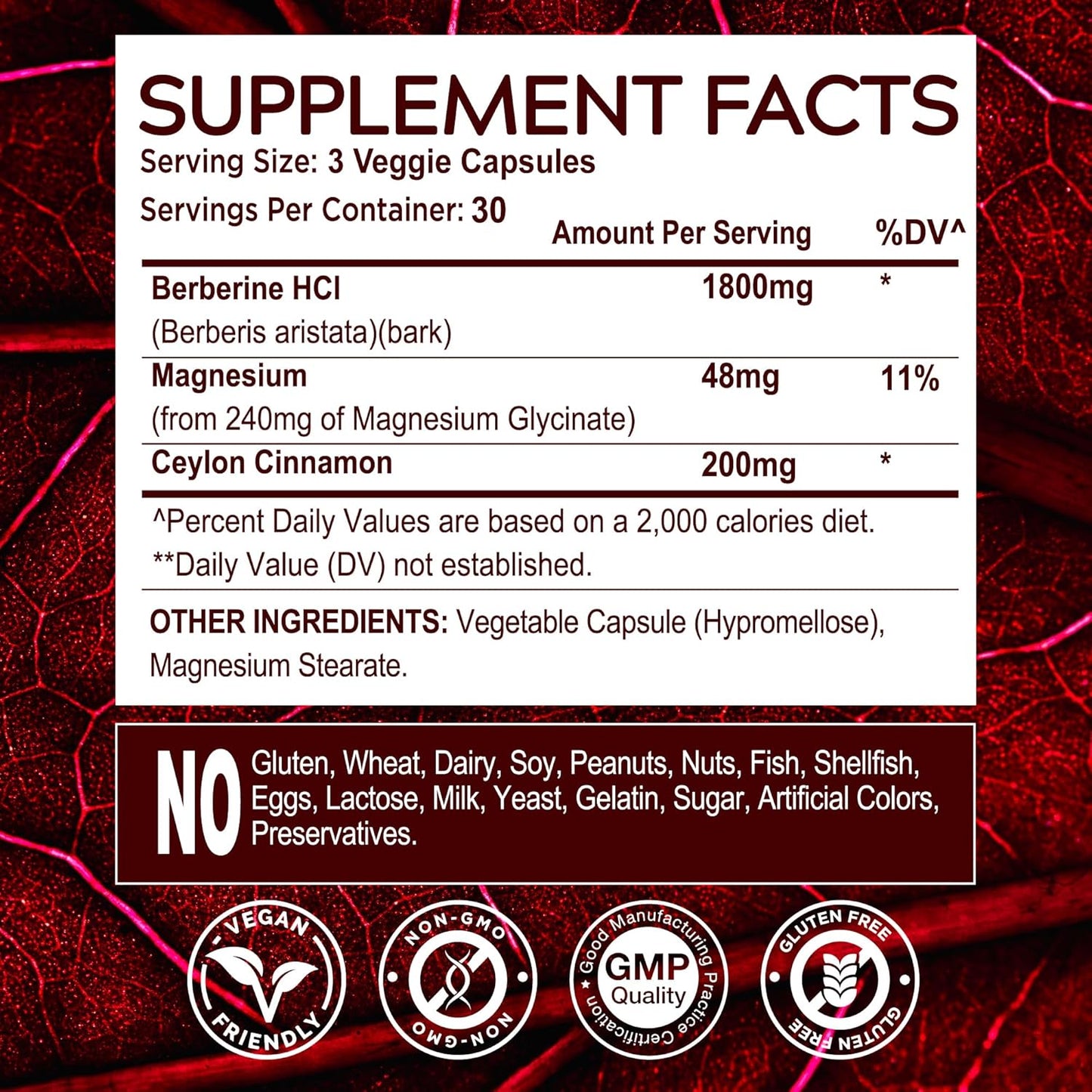 High Purity 1800mg Berberine HCL Magnesium Glycinate Capsules with Ceylon Cinnamon - Vegan Non-GMO Gluten-Free Supplement for Men and Women