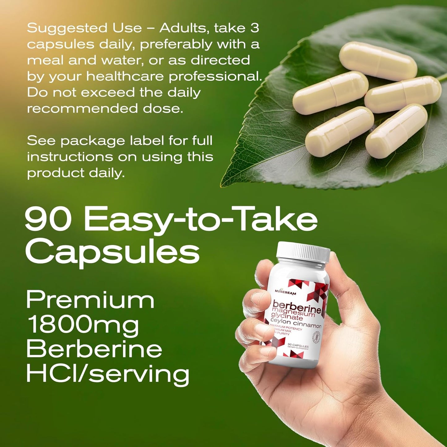 High Purity 1800mg Berberine HCL Magnesium Glycinate Capsules with Ceylon Cinnamon - Vegan Non-GMO Gluten-Free Supplement for Men and Women
