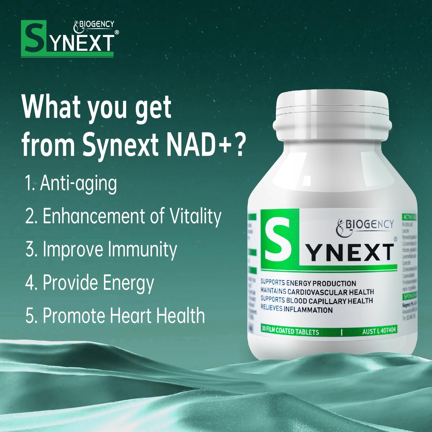 High Purity Biogency Synext NMN Supplement 2 Pack - NAD+ Supplement with Liposomal NR Resveratrol Quercetin - Anti-Aging, Energy, Focus - 30 Tabs