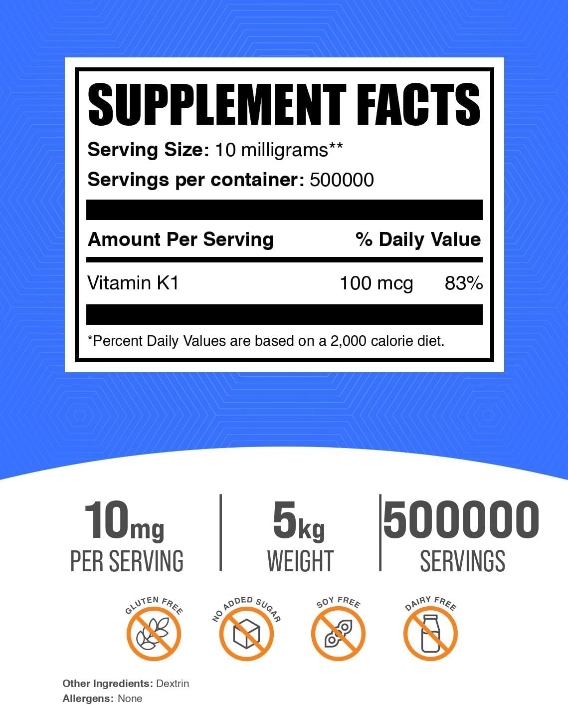 High Purity Vitamin K1 (1%) Powder - 5kg (11 lbs) - BulkSupplements
