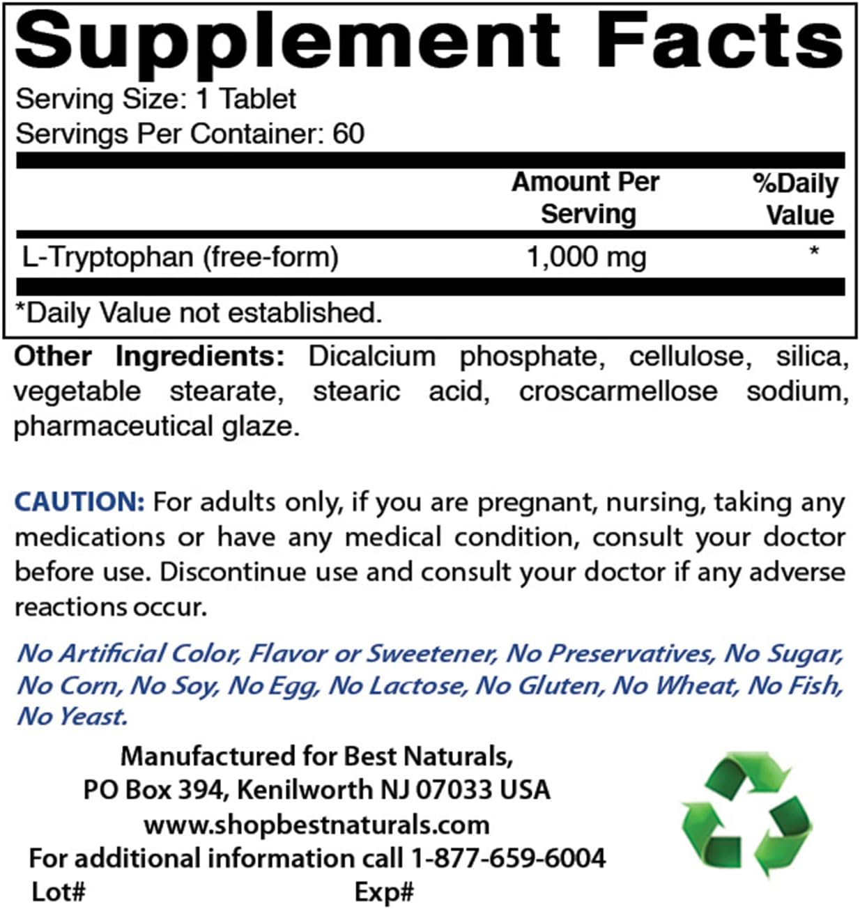 High-Quality 1000mg L-Tryptophan Tablets - 60 Count