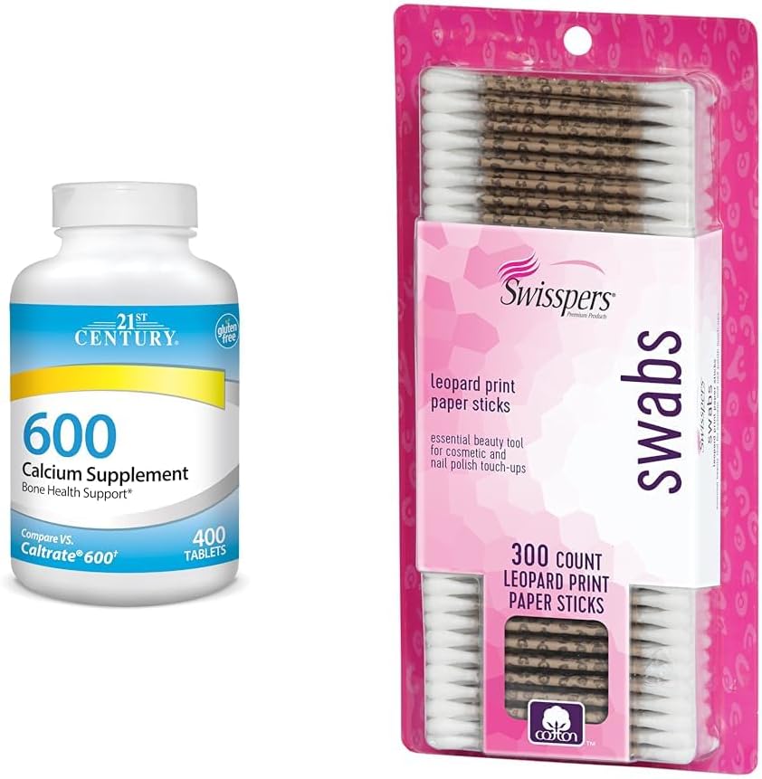 High-Quality 21st Century Calcium Supplement, 600 mg Tablets - 400 Count & Swisspers Premium Cotton Swabs, 300 Count Pack
