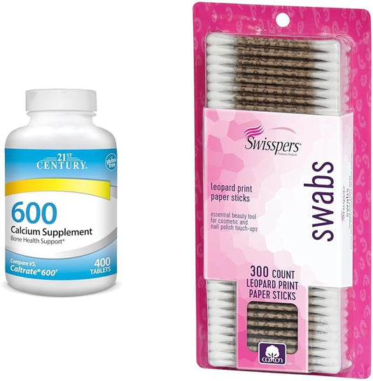 High-Quality 21st Century Calcium Supplement, 600 mg Tablets - 400 Count & Swisspers Premium Cotton Swabs, 300 Count Pack