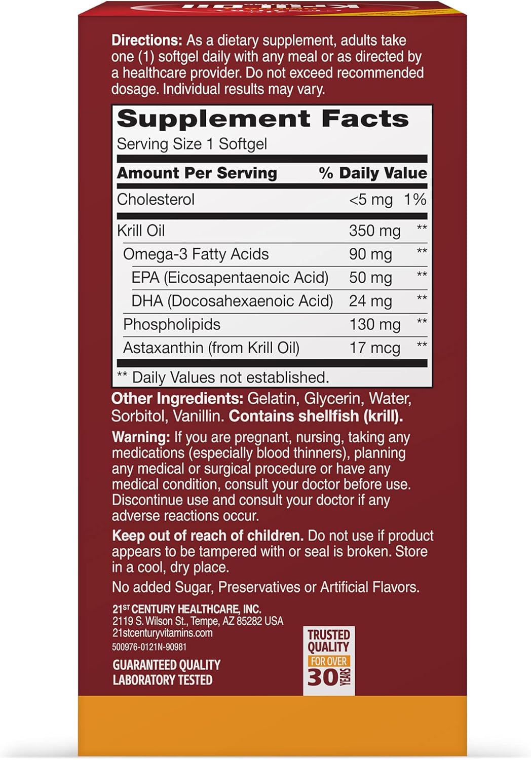 High-Quality 21st Century Krill Oil Supplement - 350mg, 60 Softgels