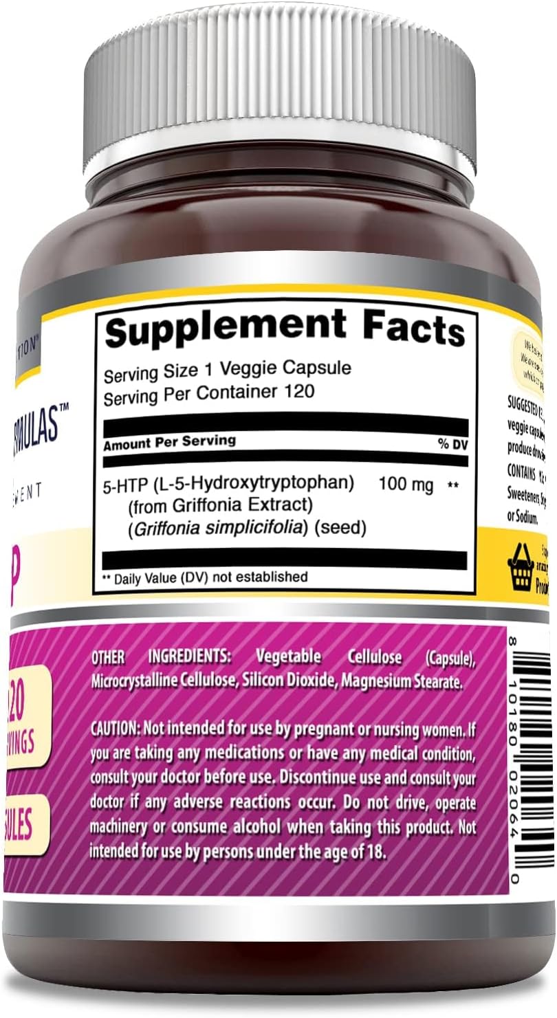 High-Quality 5-HTP (Hydroxytryptophan) Supplement 100mg | Veggie Capsules | Non-GMO & Gluten Free | Made in USA | 2 Pack, 120 Count