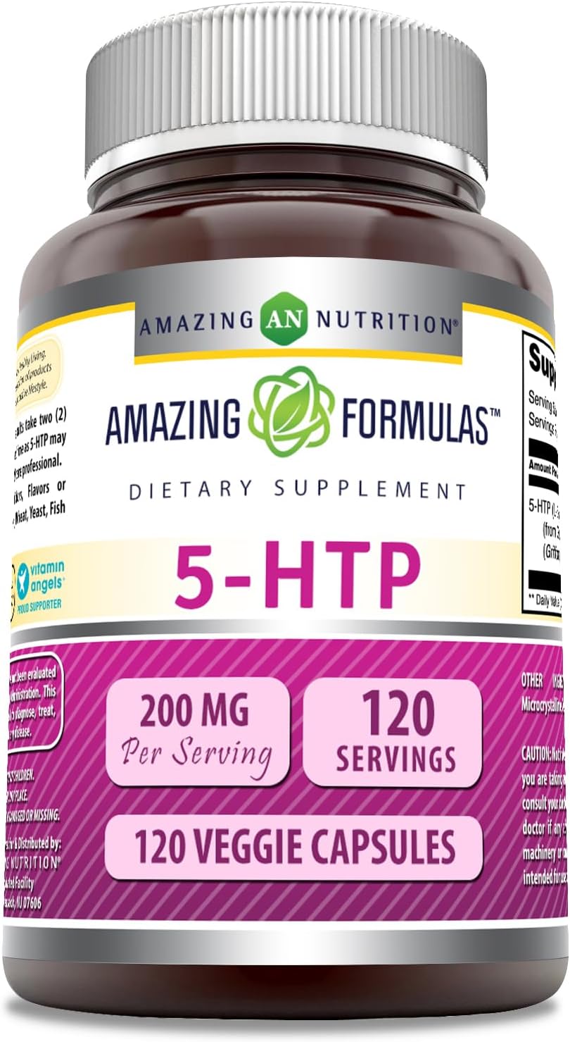 High-Quality 5 HTP (L-5-Hydroxytryptophan) Supplement | 200 Mg per Serving | Veggie Capsules | Non-GMO | Gluten-Free | Made in USA (1 Pack, 120 Count) by Amazing Nutrition