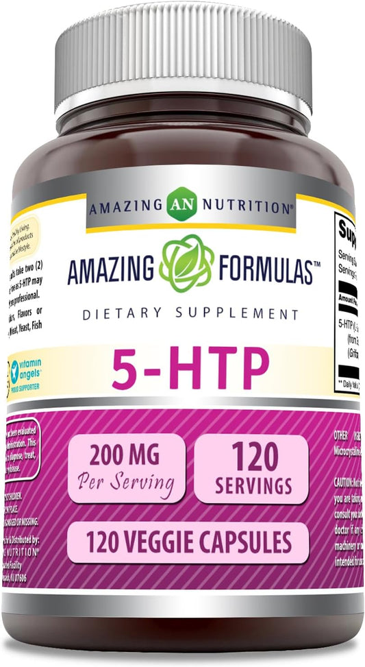 High-Quality 5 HTP (L-5-Hydroxytryptophan) Supplement | 200 Mg per Serving | Veggie Capsules | Non-GMO | Gluten-Free | Made in USA (1 Pack, 120 Count) by Amazing Nutrition
