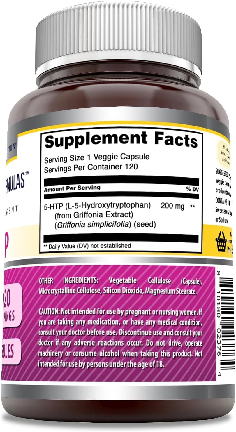 High-Quality 5 HTP (L-5-Hydroxytryptophan) Supplement | 200 Mg per Serving | Veggie Capsules | Non-GMO | Gluten-Free | Made in USA (1 Pack, 120 Count) by Amazing Nutrition