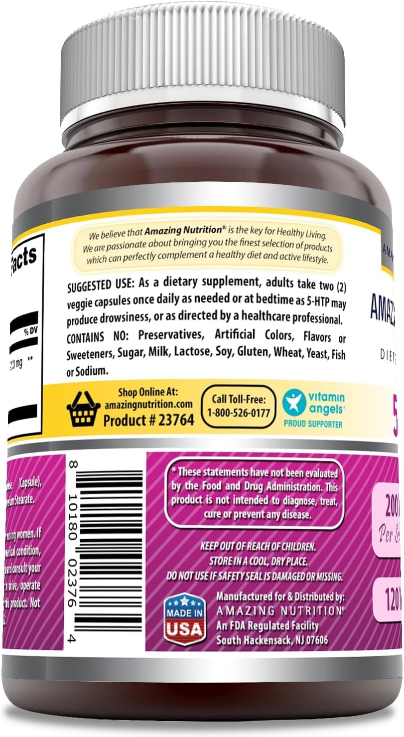 High-Quality 5 HTP (L-5-Hydroxytryptophan) Supplement | 200 Mg per Serving | Veggie Capsules | Non-GMO | Gluten-Free | Made in USA (1 Pack, 120 Count) by Amazing Nutrition