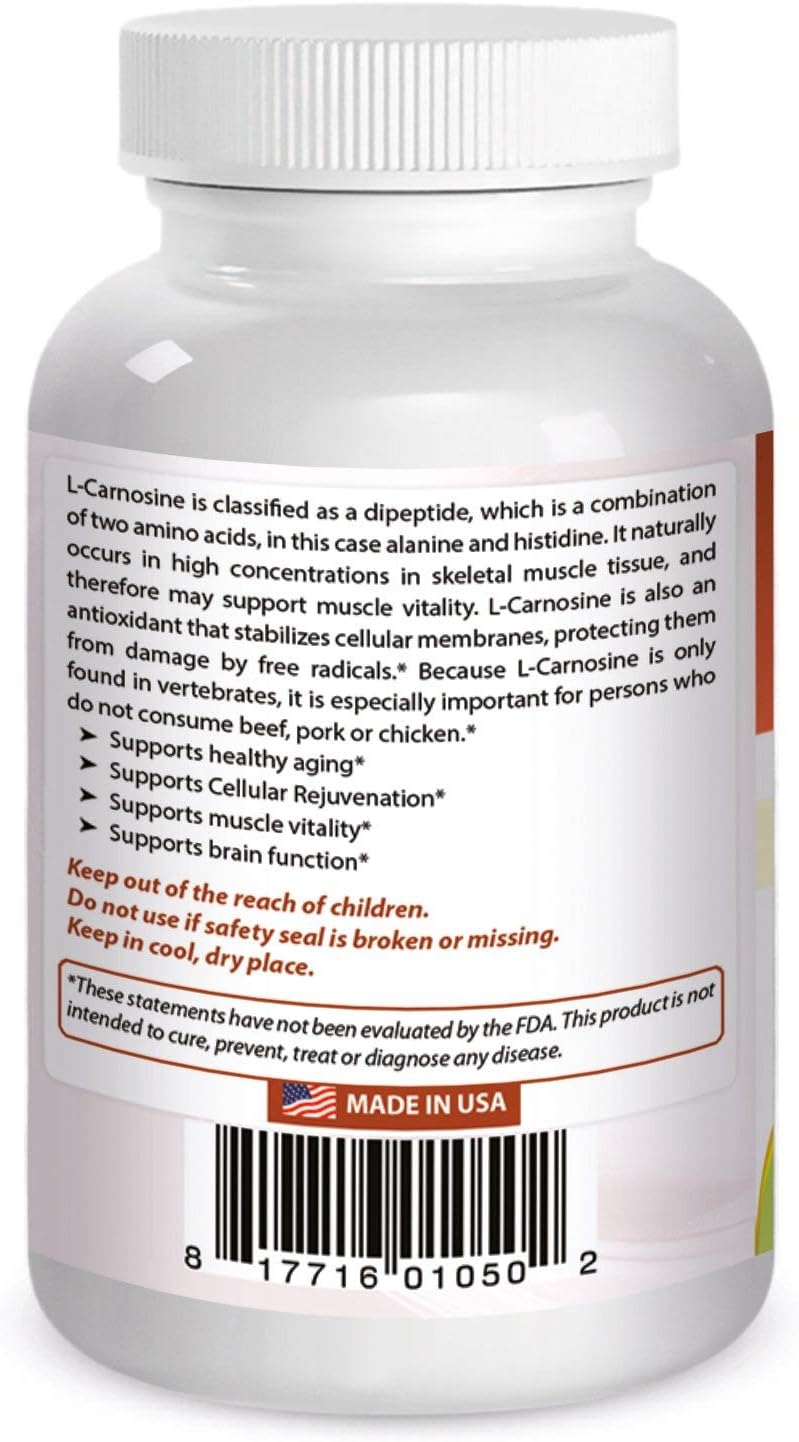 High Quality 500mg L-Carnosine Vcaps - 100 Count (Pack of 1) - Top Natural Supplement for Health