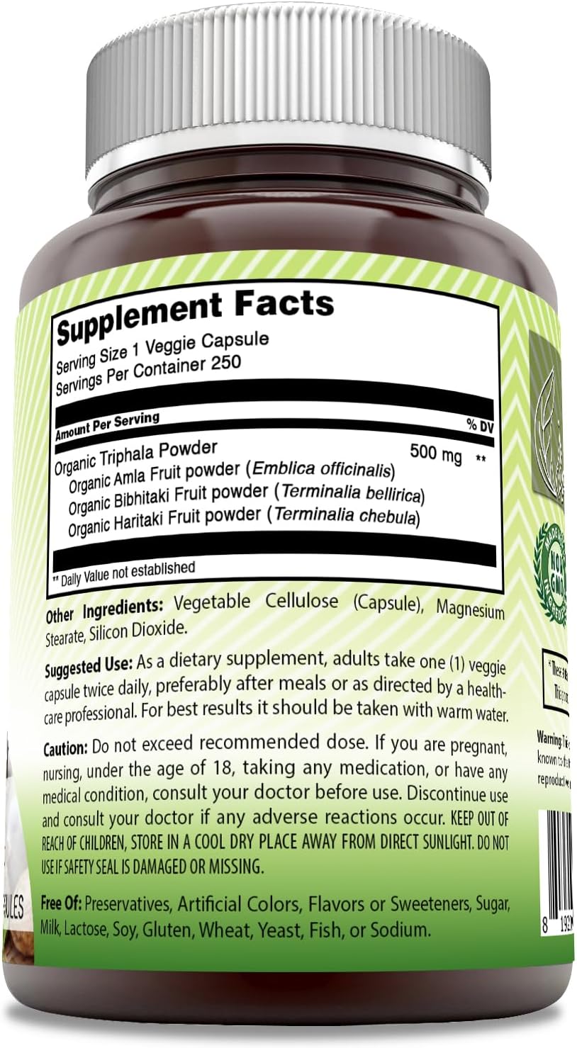 High-Quality 500mg Triphala Veggie Capsules from India | Non-GMO & Gluten-Free | Ideal for Vegetarians | 250 Count Pack