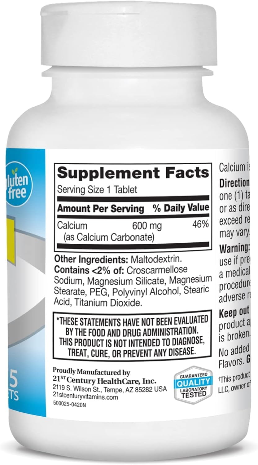 High Quality 600 mg Calcium Supplement in 21st Century, 75 Count Bottle for Strong Bones and Teeth