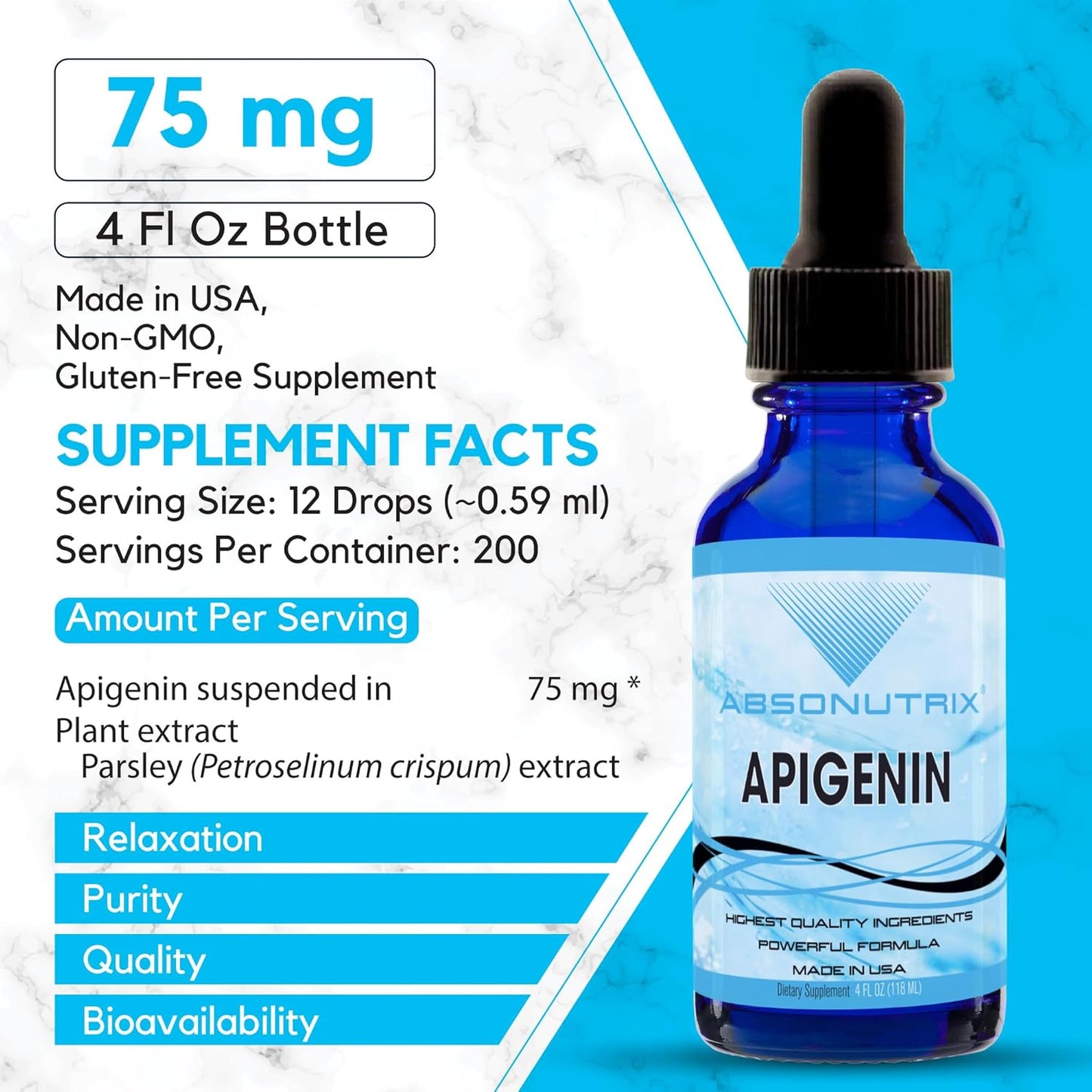 High-Quality Absonutrix Apigenin Drops - 75mg per Serving, 4oz Bottle, 200 Servings - USA Made, Quick Absorption, Non-GMO - GMP Certified, Cruelty-Free