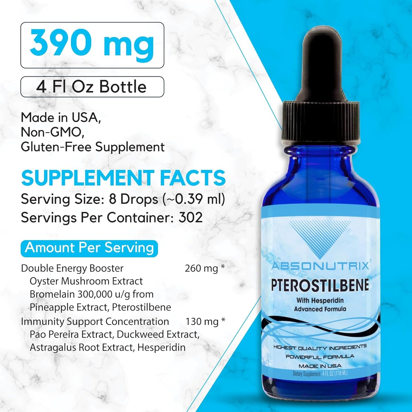 High-Quality Absonutrix Pterostilbene with Hesperidin Liquid Supplement - 390mg, 4 Oz, 300 Servings - Non-GMO, Made in USA - Fast Absorption, Potent Ingredients - GMP Certified, Cruelty-Free