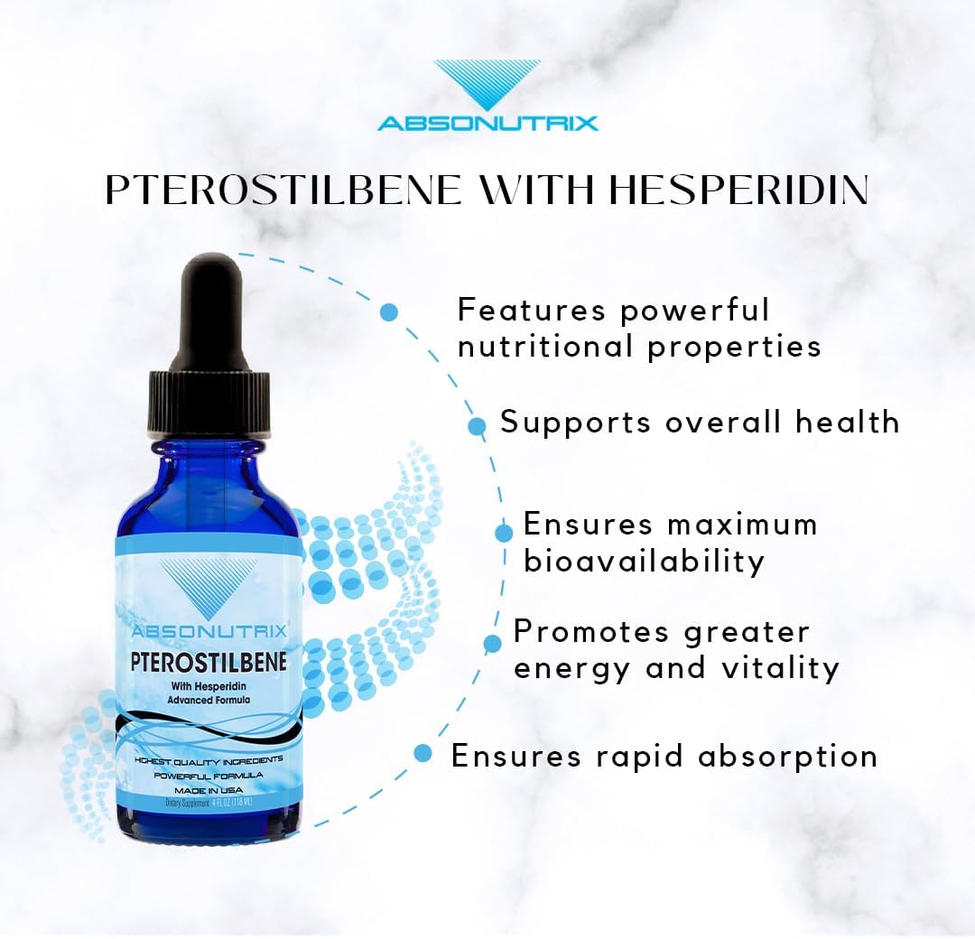 High-Quality Absonutrix Pterostilbene with Hesperidin Liquid Supplement - 390mg, 4 Oz, 300 Servings - Non-GMO, Made in USA - Fast Absorption, Potent Ingredients - GMP Certified, Cruelty-Free