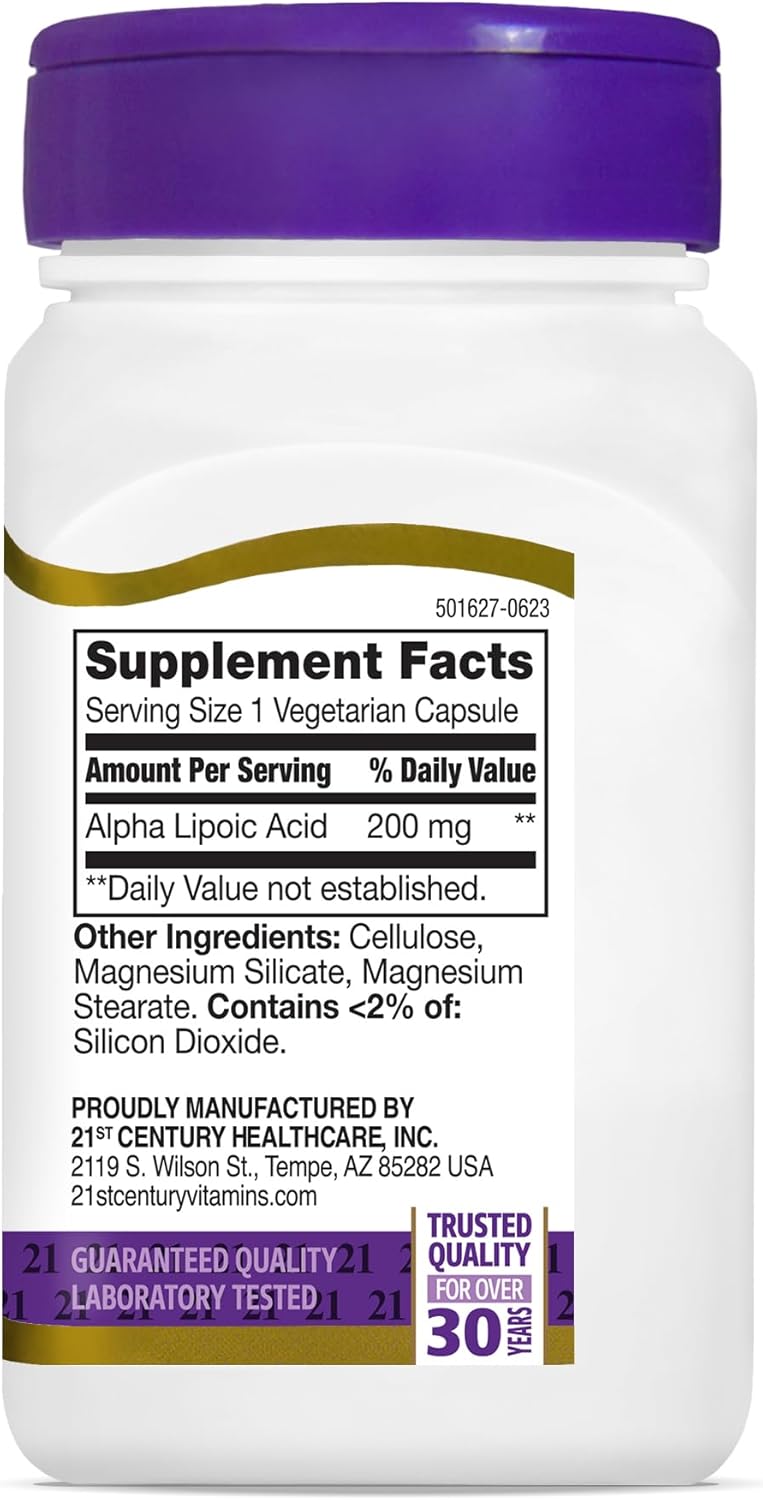 High-Quality Alpha Lipoic Acid 200mg Capsules for 21st Century Healthcare, 60 Count Vegetarian Formula