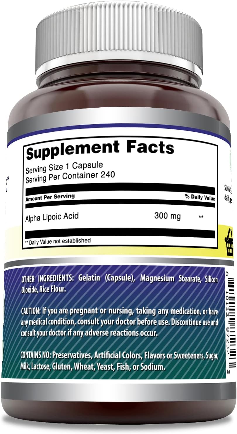 High-Quality Alpha Lipoic Acid 300mg Capsules - Non-GMO & Gluten Free - 240 Count - Made in USA by Amazing Nutrition