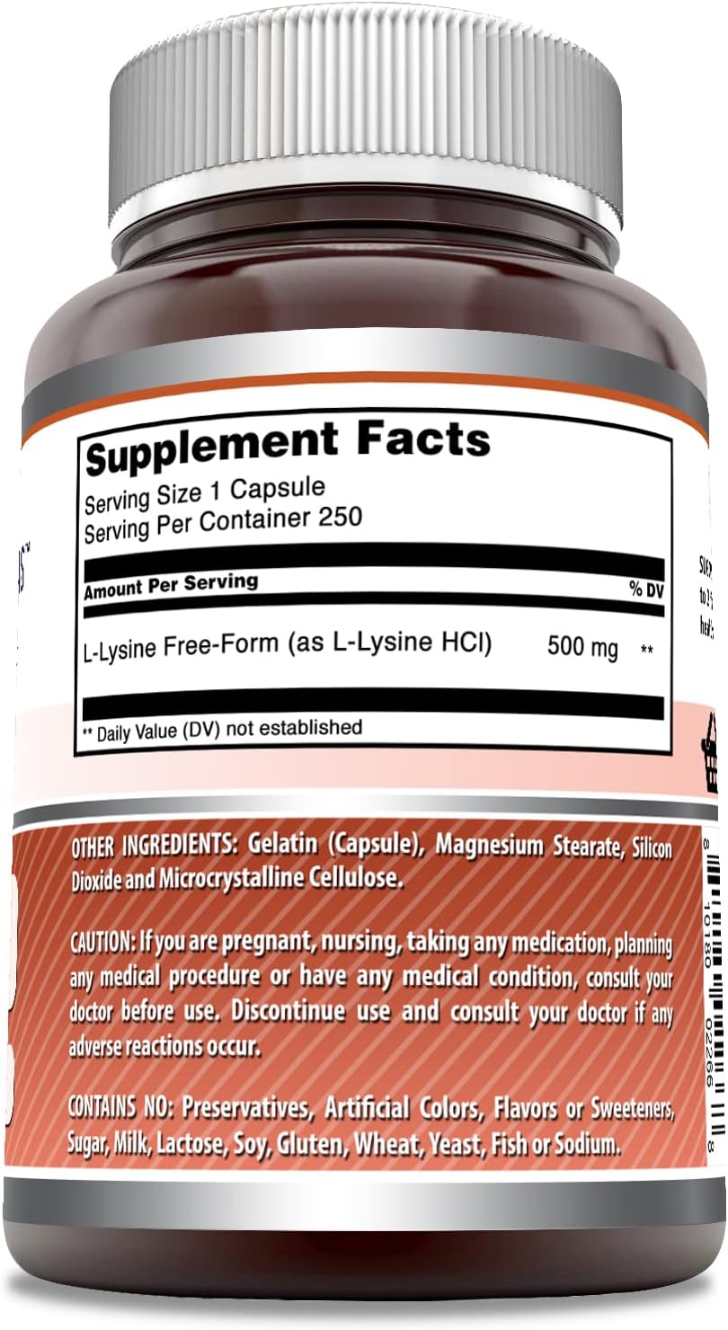 High Quality Amazing Nutrition L-Lysine 500mg Amino Acid Supplement - 250 Capsules - Non-GMO & Gluten Free - USA Made