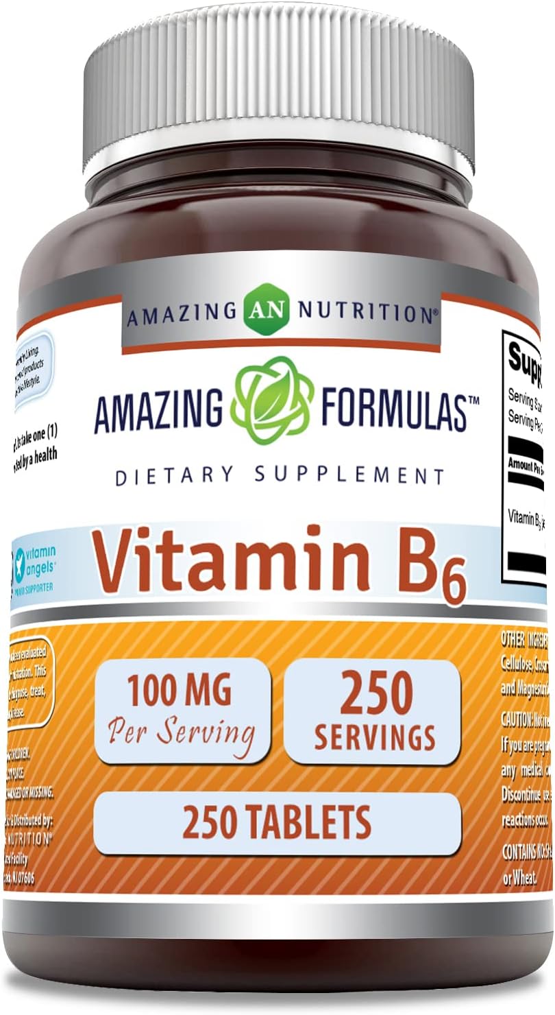 High Quality Amazing Nutrition Vitamin B6 Pyridoxine 100mg Tablets - 250 Count - Non-GMO & Gluten Free - Made in USA