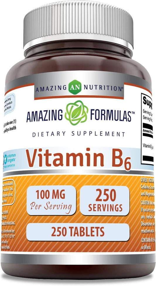 High Quality Amazing Nutrition Vitamin B6 Pyridoxine 100mg Tablets - 250 Count - Non-GMO & Gluten Free - Made in USA