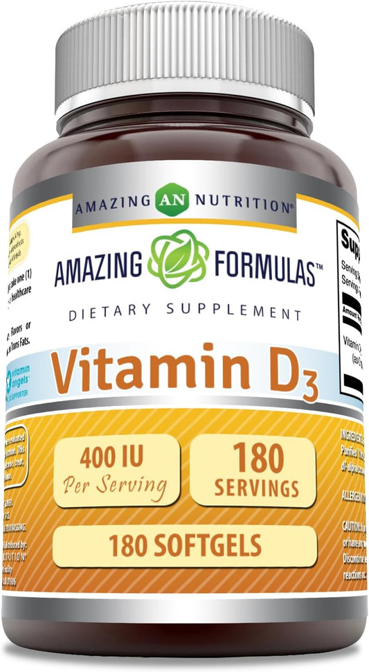 High-Quality Amazing Nutrition Vitamin D3 400 IU Softgels | 180 Count | Non-GMO | Gluten-Free | Made in USA