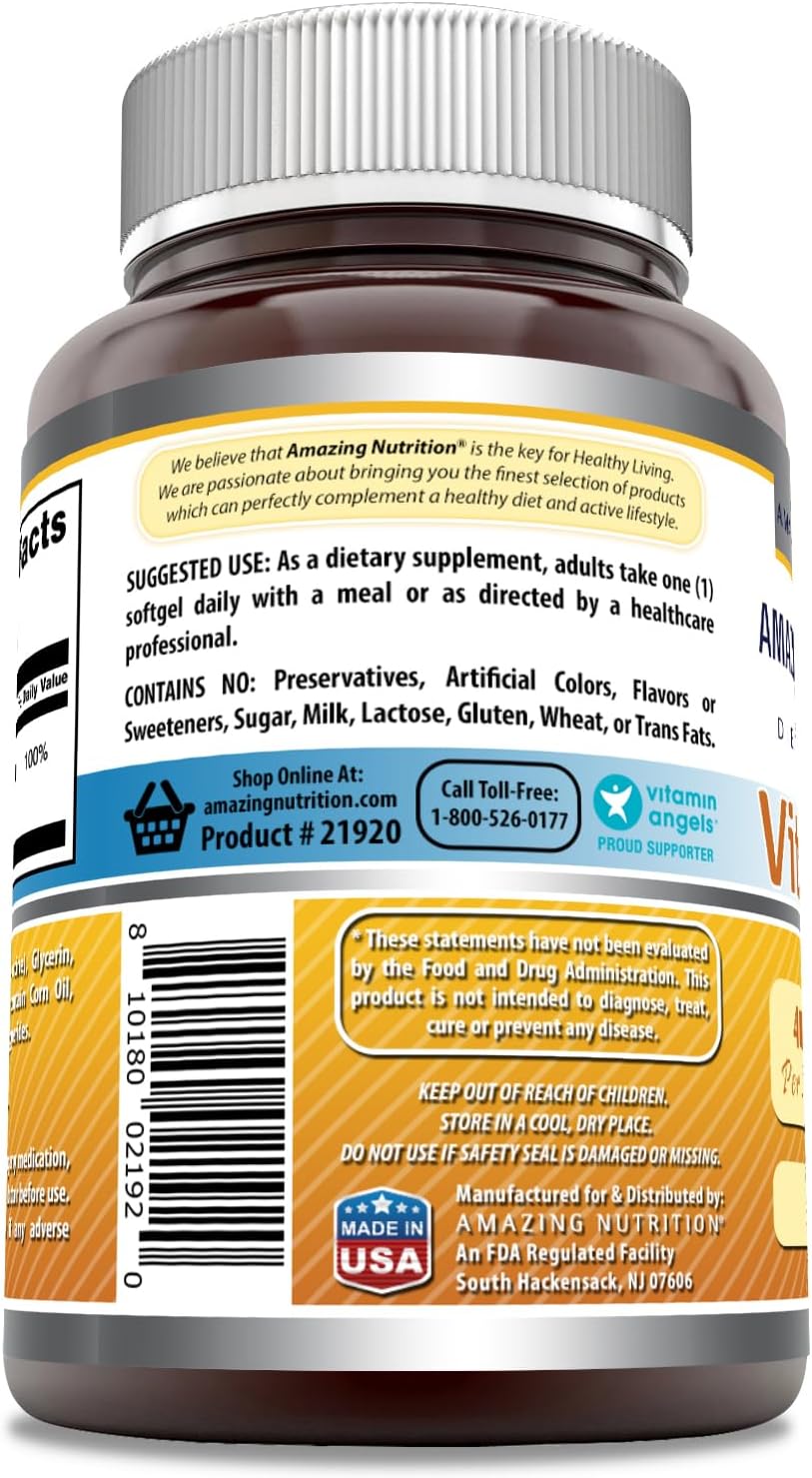 High-Quality Amazing Nutrition Vitamin D3 400 IU Softgels | 180 Count | Non-GMO | Gluten-Free | Made in USA