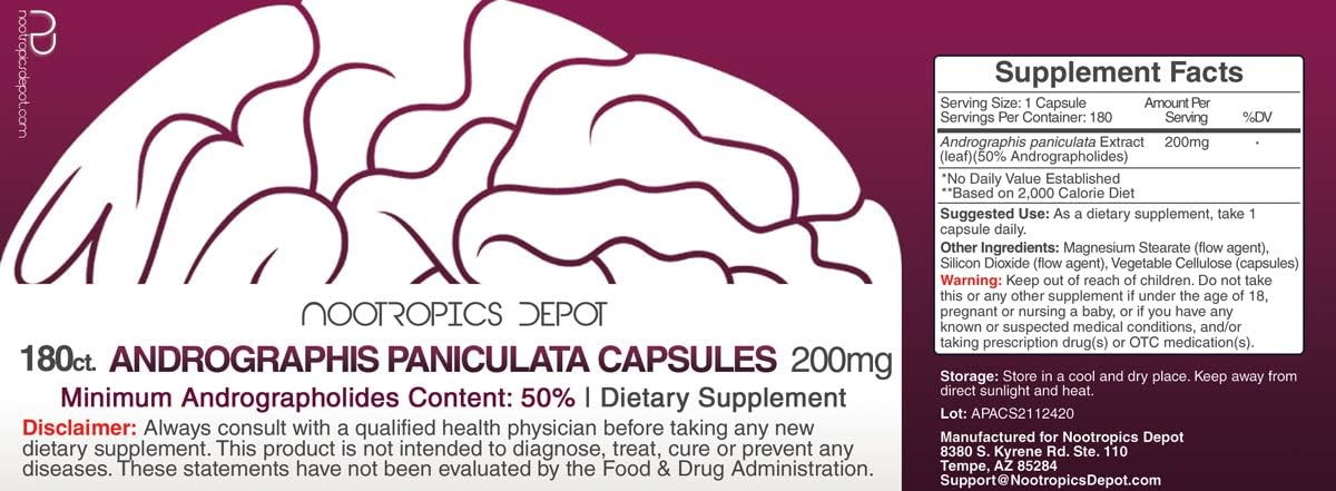 High-Quality Andrographis paniculata Capsules | 200mg | 180 Count | 50% Andrographolides | Boosts Immune & Cellular Function
