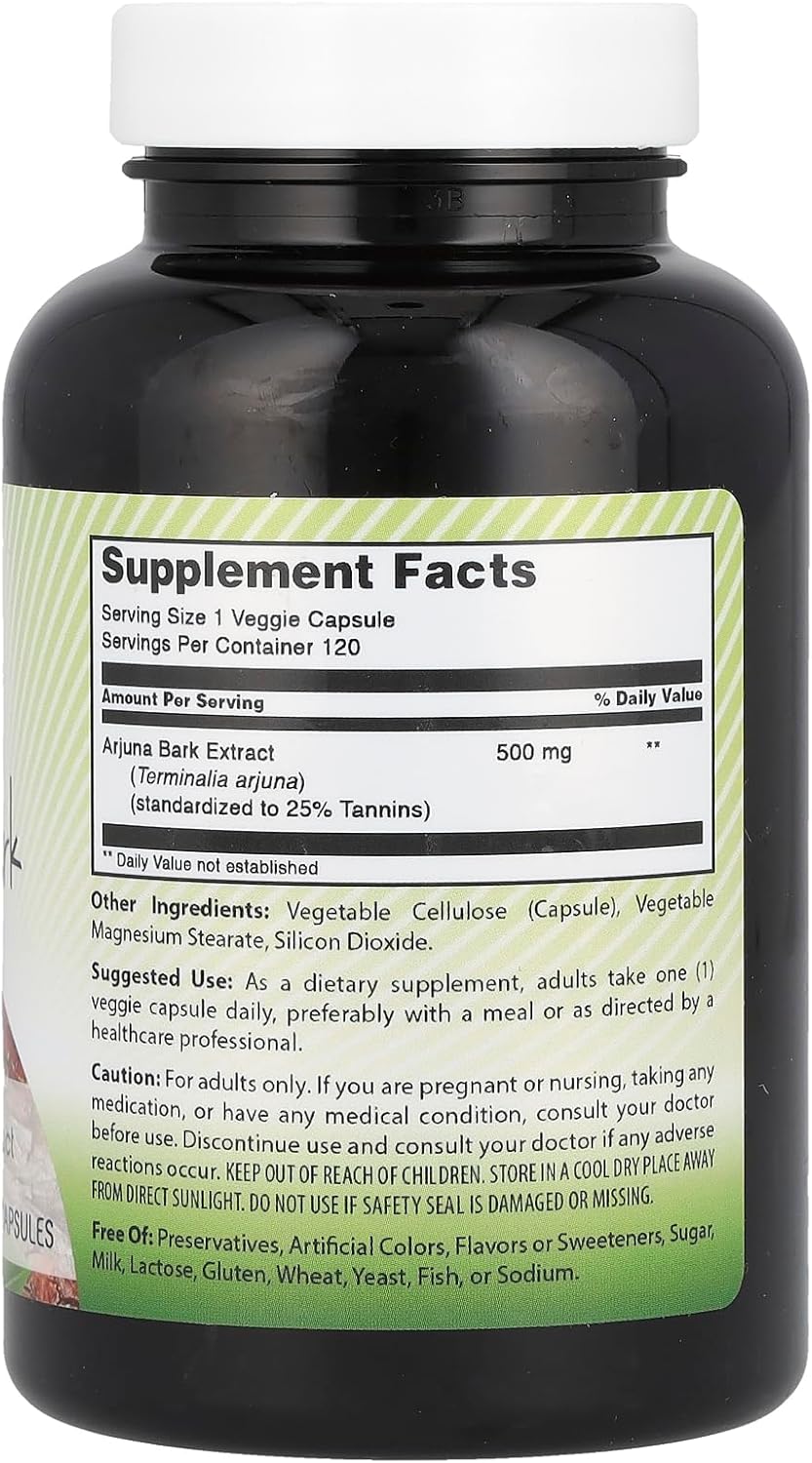 High-Quality Arjuna Bark Extract Supplement 500mg - 120 Veggie Capsules - Non-GMO & Gluten Free - Made in USA
