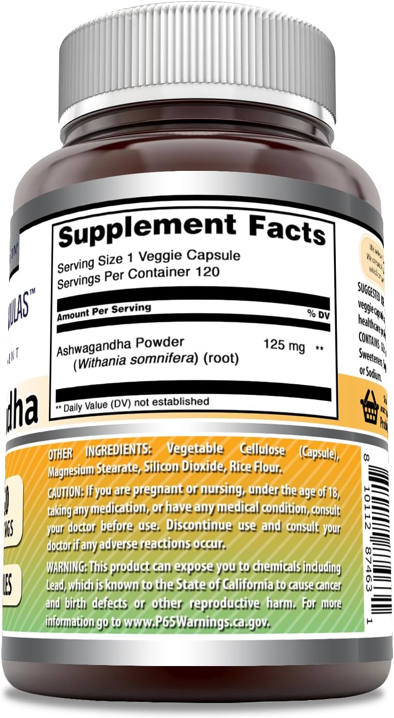 High-Quality Ashwagandha Extract Supplement | 125 Mg Per Serving | Veggie Capsules | Non-GMO & Gluten Free | Made in USA | 1 Pack, 120 Count
